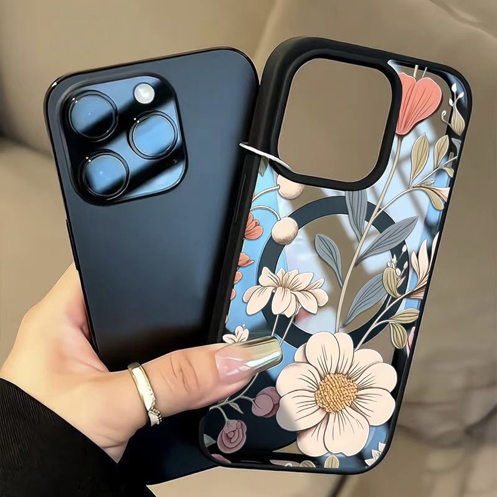 Phone Cases Iphone 15 - Siyah Çerçeveli Çiçek Desenli Darbeye Dayanıklı