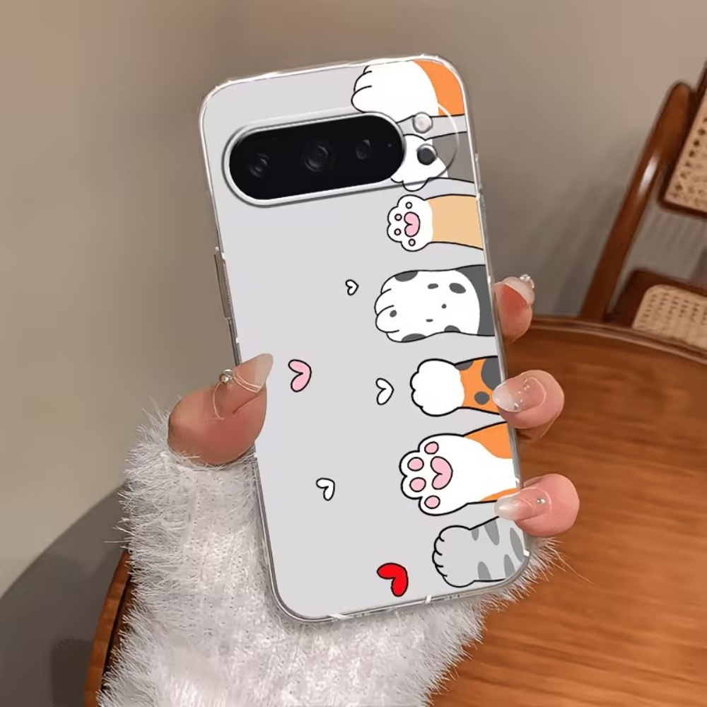 Phone Cases Pixel 9A - Karikatür Kedi Pati Baskılı Kristal Şeffaf